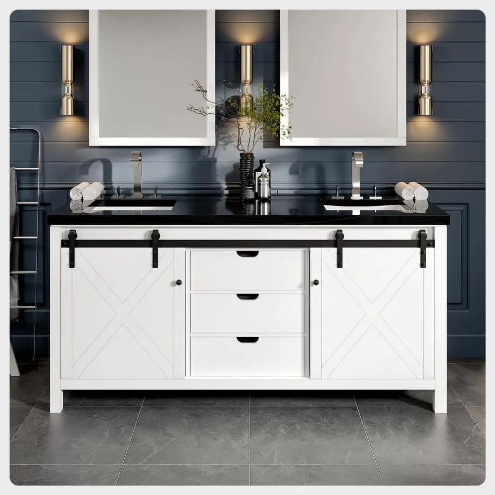 Eviva Dallas 72 in. W x 22 in. D x 34 in. H Double Bath Vanity in White with Black Granite Top with Black Sinks, photo 2 of 3