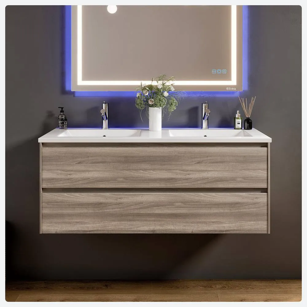 Eviva Bloom 48 in. W x 18 in. D x 34 in. H Double Sink Floating Bath Vanity in Pine Gray with White Porcelain Top, photo 2 of 3