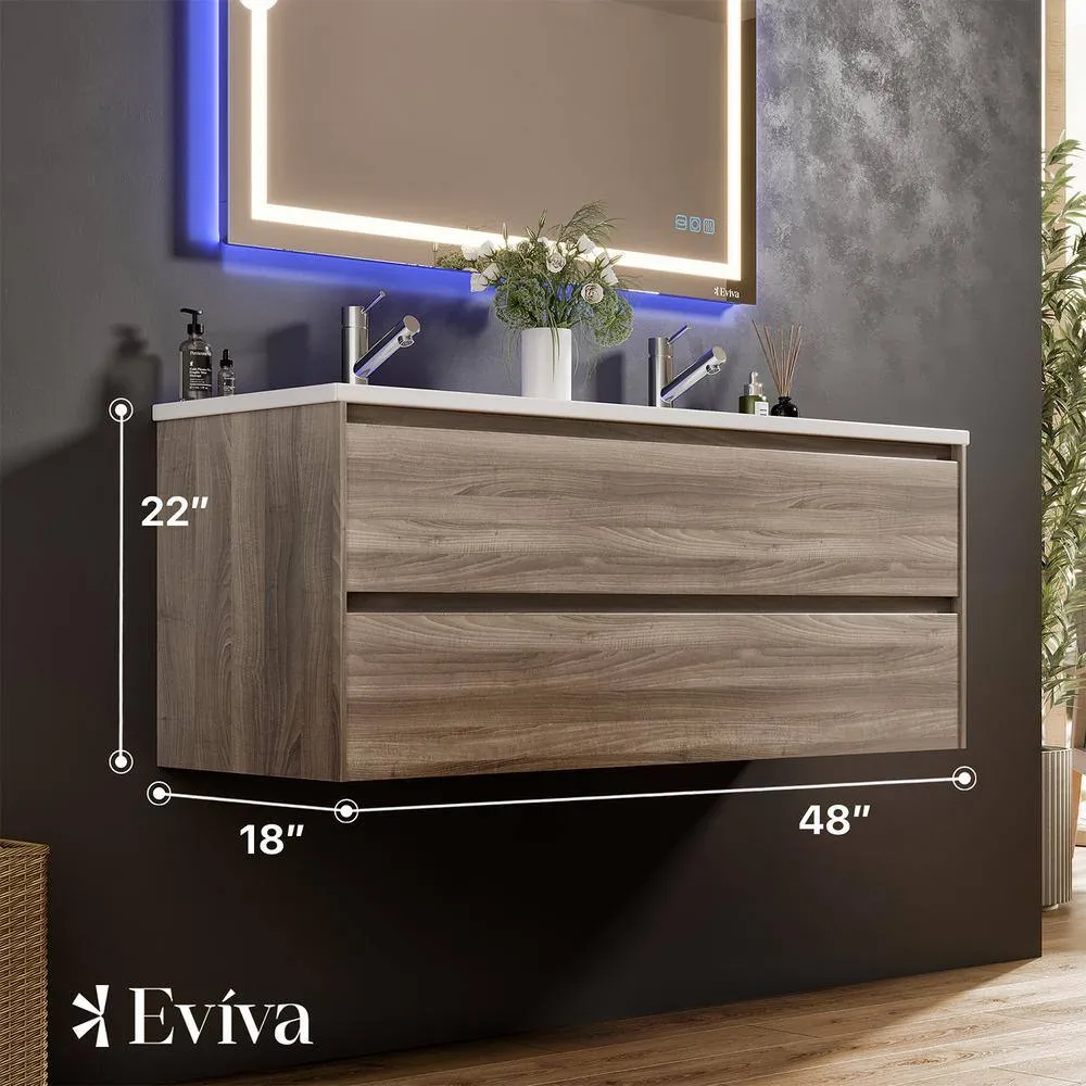 Eviva Bloom 48 in. W x 18 in. D x 34 in. H Double Sink Floating Bath Vanity in Pine Gray with White Porcelain Top, photo 3 of 3