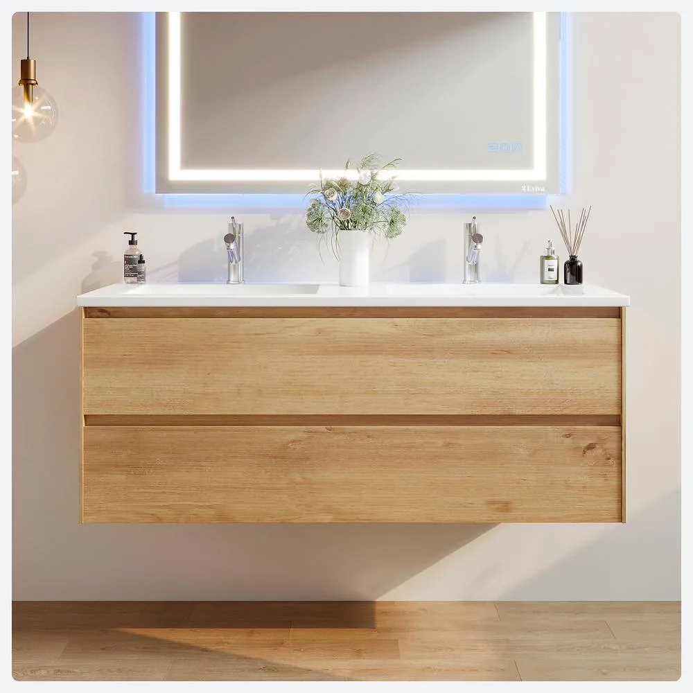Eviva Bloom 48 in. W x 18 in. D x 34 in. H Double Sink Floating Bath Vanity in Natural Oak with White Porcelain Top, photo 2 of 3
