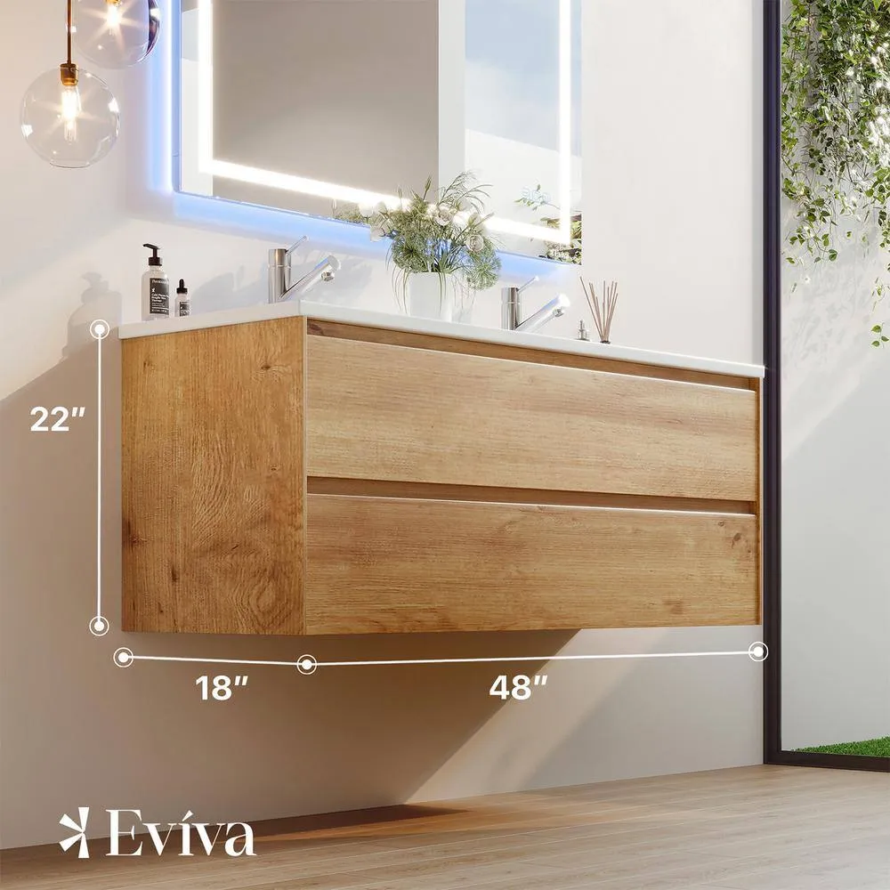 Eviva Bloom 48 in. W x 18 in. D x 34 in. H Double Sink Floating Bath Vanity in Natural Oak with White Porcelain Top, photo 3 of 3