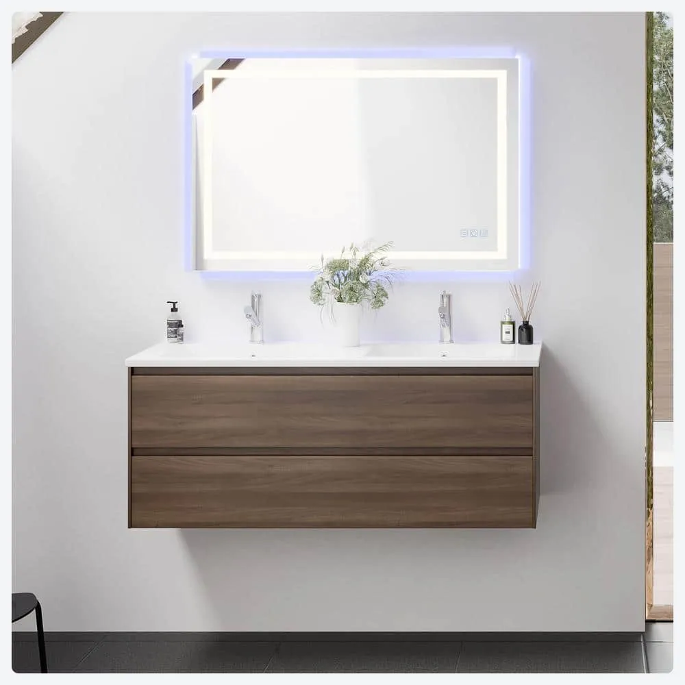 Eviva Bloom 48 in. W x 18 in. D x 34 in. H Double-Sink Floating Bath Vanity in Walnut with White Porcelain Top, photo 2 of 3