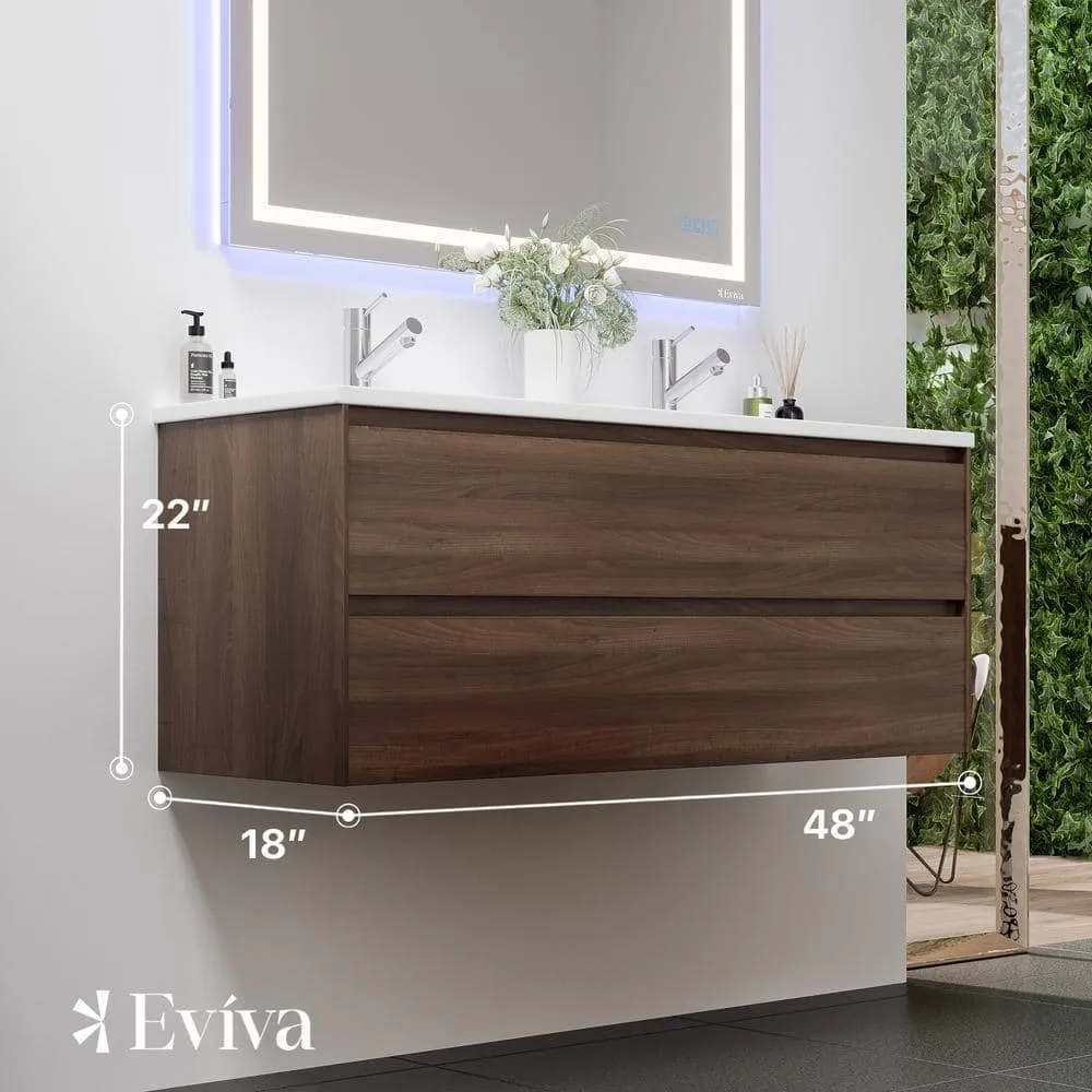 Eviva Bloom 48 in. W x 18 in. D x 34 in. H Double-Sink Floating Bath Vanity in Walnut with White Porcelain Top, photo 3 of 3