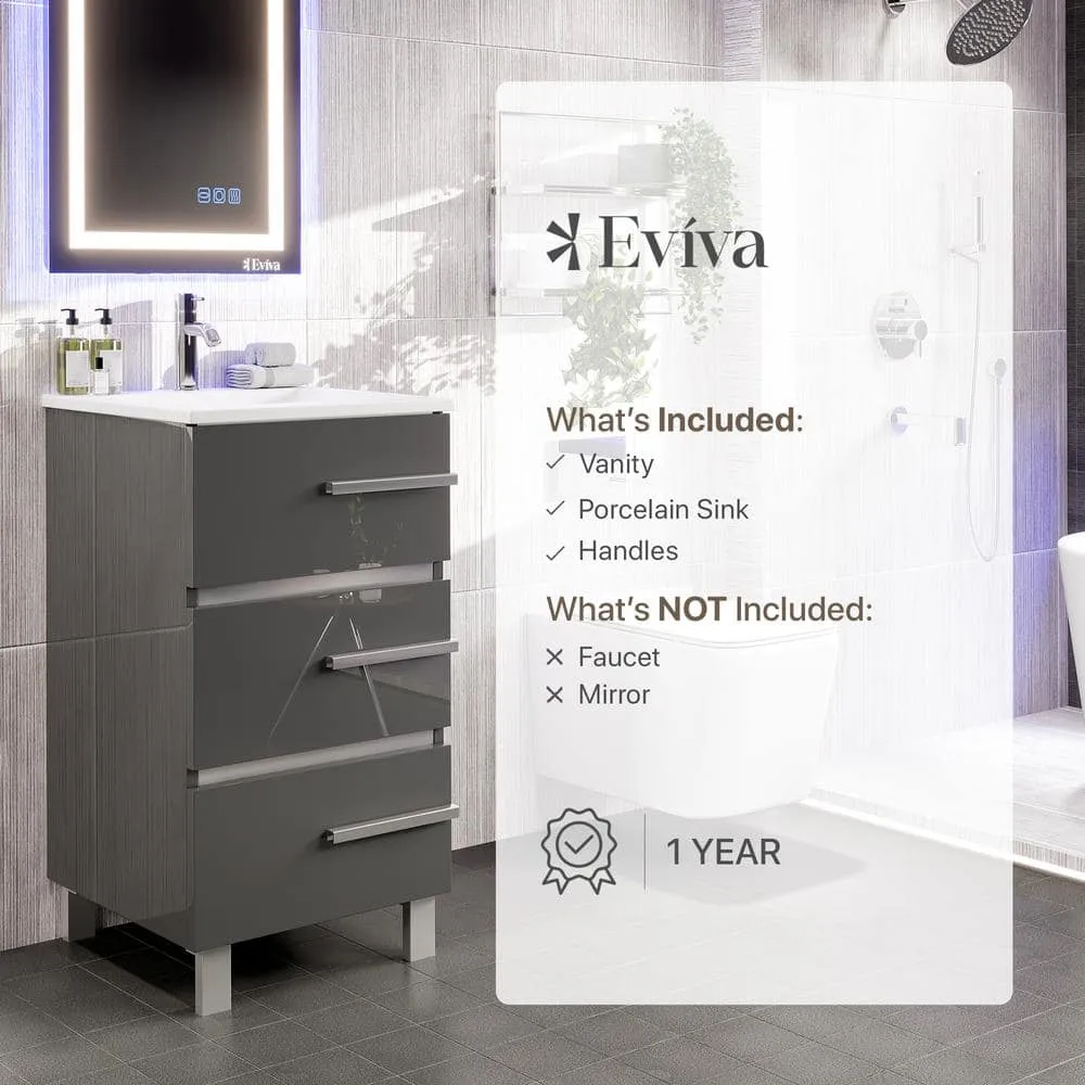 Eviva Deluxe 20 in.W x 18 in.D x 34in.H Single Freestanding Bath Vanity in Gray with White Porcelain Integrated Sink Top, photo 3 of 3