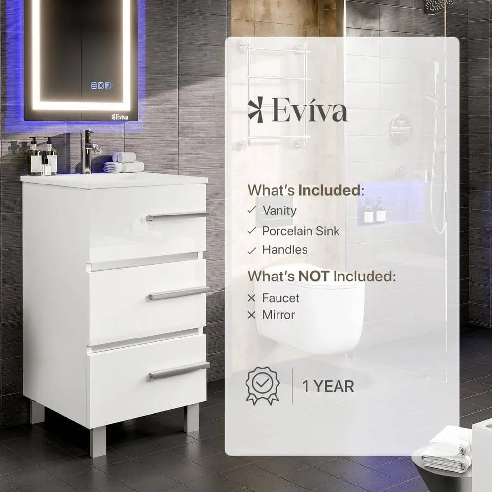Eviva Deluxe 20 in. W. x 18 in. D x 34 in. H Single Freestanding Bath Vanity White, White Porcelain Integrated Sink Top, photo 3 of 3