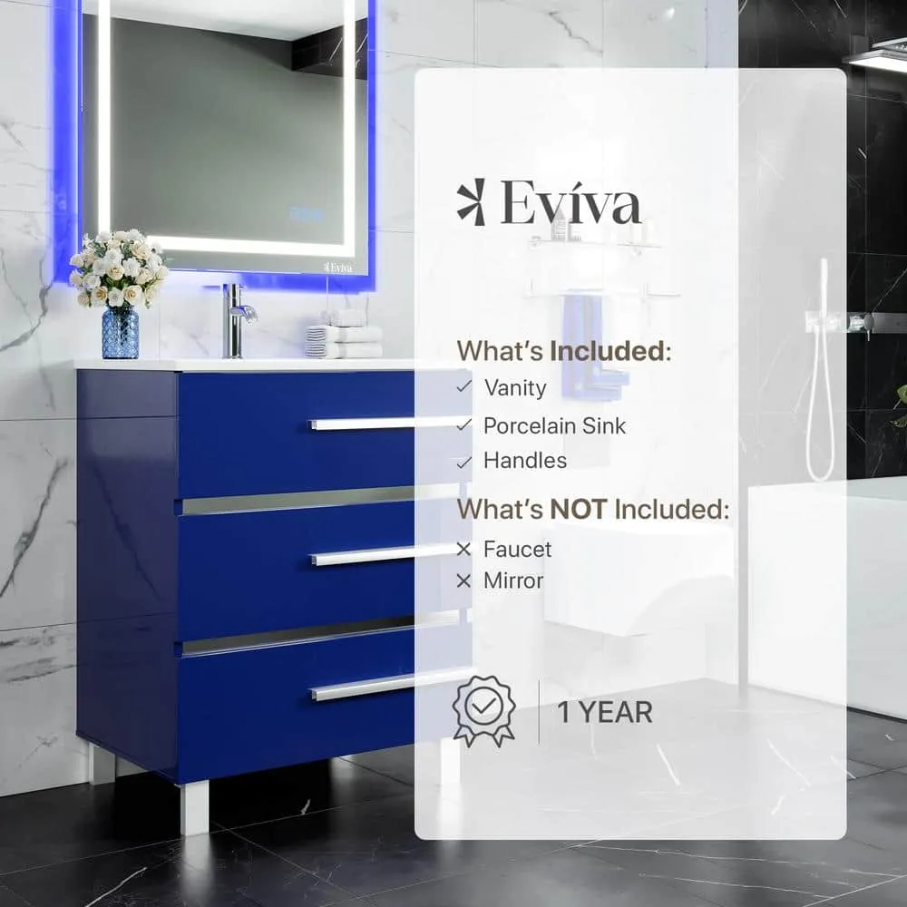 Eviva Deluxe 24 in. W x 18 in. D x 34 in. H Single Freestanding Bath Vanity in Blue White Porcelain Integrated Sink Top, photo 3 of 3
