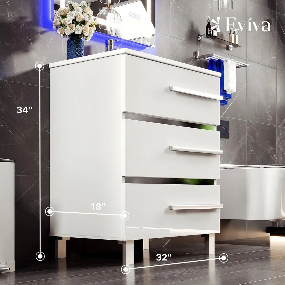 Eviva Deluxe 24 in. W x 18 in. D x 34 in. H Single Freestanding Bath Vanity in White with White Porcelain Integrated Sink Top, photo 3 of 3