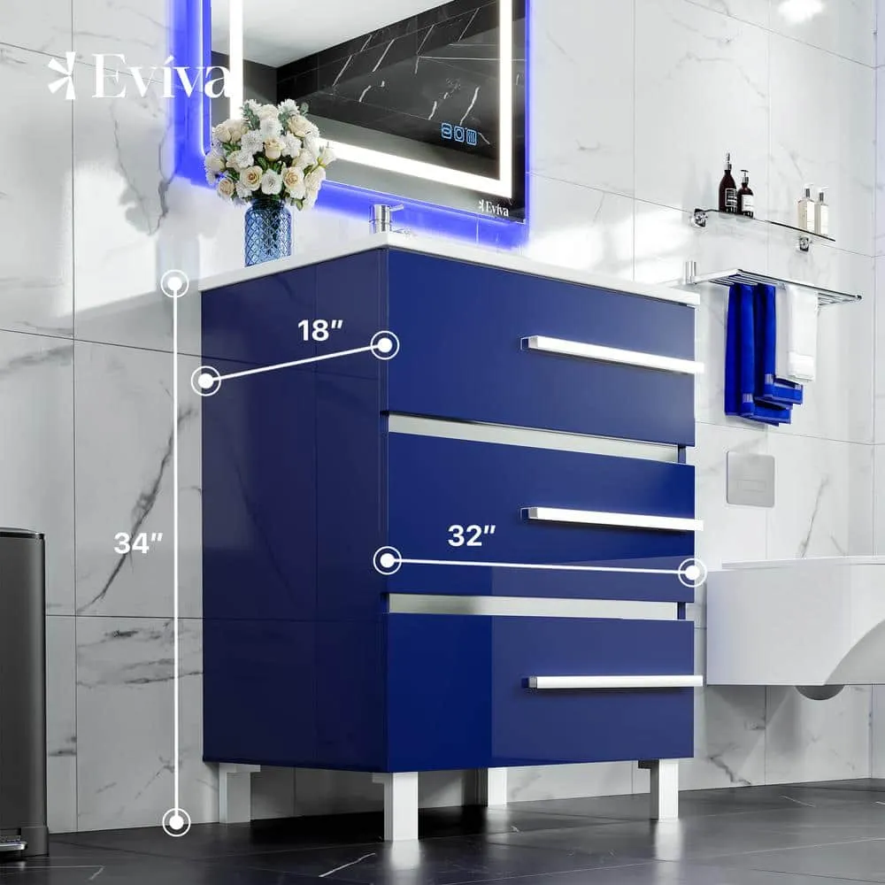 Eviva Deluxe 32 in. W x 18 in. D x 34 in. H Single Freestanding Bath Vanity in Blue with White Porcelain Integrated Sink Top, photo 3 of 3