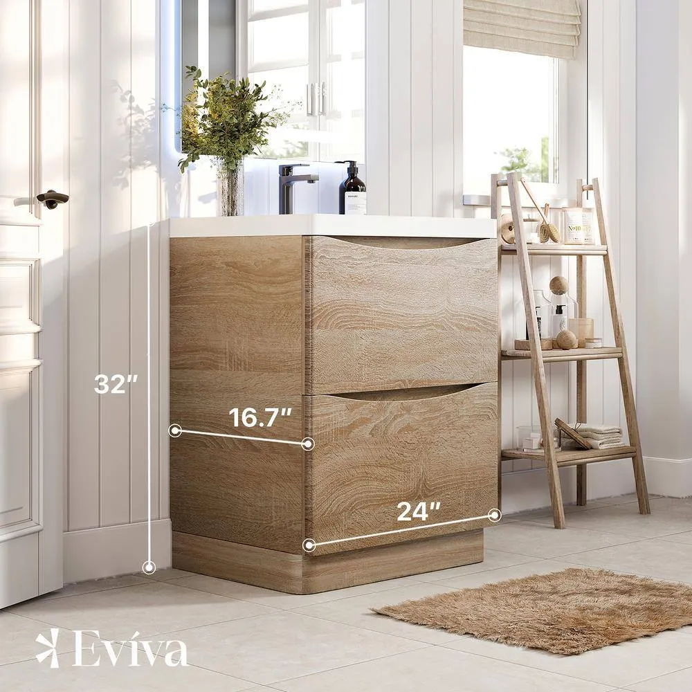 Eviva Smiley 24 in. W x 17 in. D x 34 in. H Freestanding Bath Vanity in White Oak with White Acrylic Top, photo 3 of 3