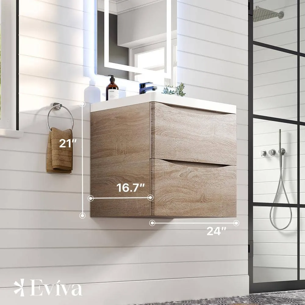 Eviva Smiley 24 in. W x 17 in. D x 21 in. H Floating Bath Vanity in White Oak with White Acrylic Top, photo 3 of 3