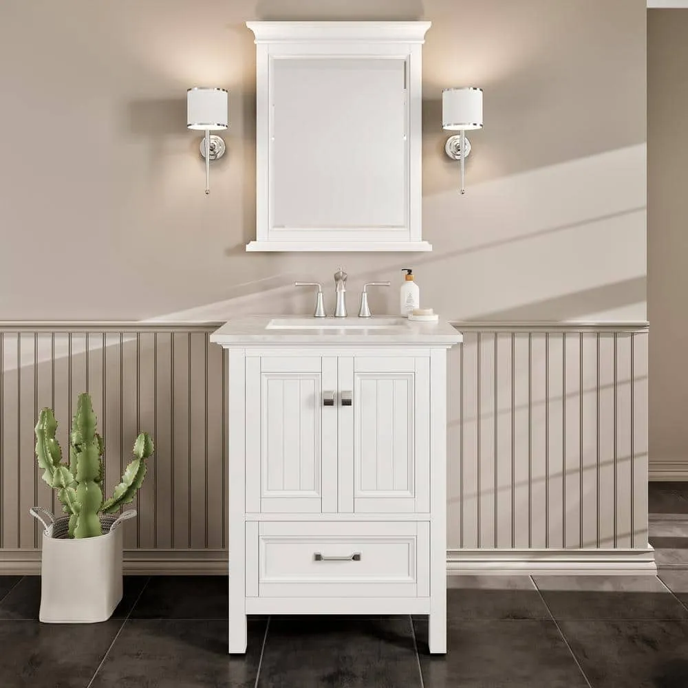 Eviva Britney 24 in. W x 22 in. D x 34 in. H Freestanding Bath Vanity in White with White Carrara Marble Top, photo 2 of 3
