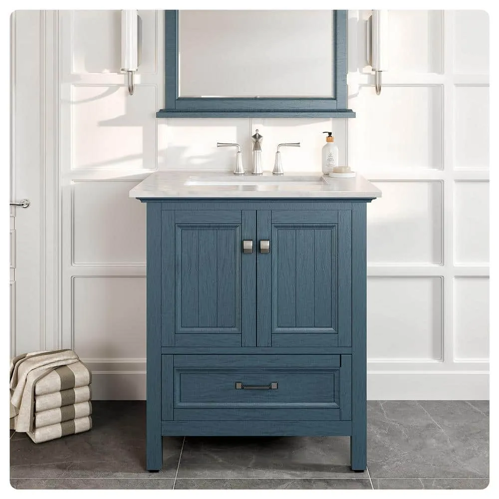 Eviva Britney 30 in. W x 22 in. D x 34 in. H Single Freestanding Bathroom Vanity in Ash Blue with White Carrara Marble Top, photo 2 of 3