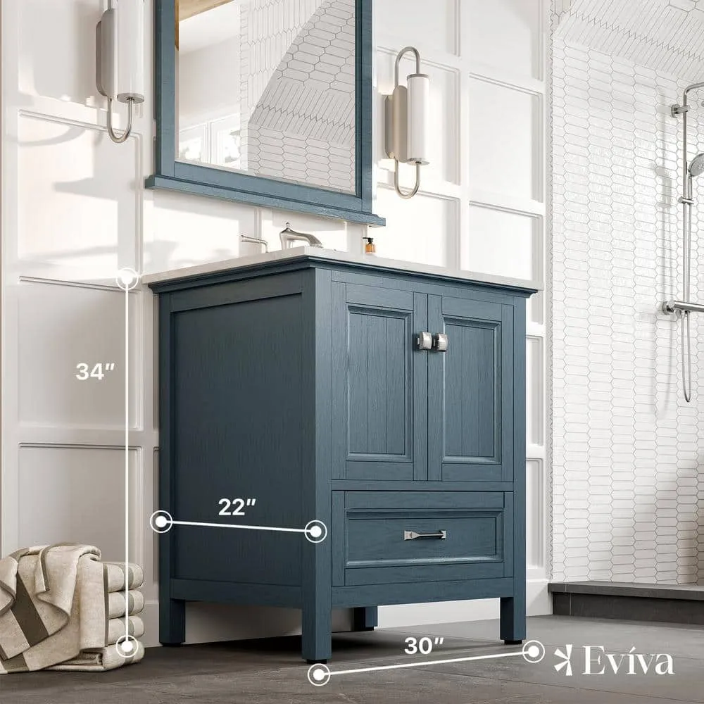 Eviva Britney 30 in. W x 22 in. D x 34 in. H Single Freestanding Bathroom Vanity in Ash Blue with White Carrara Marble Top, photo 3 of 3