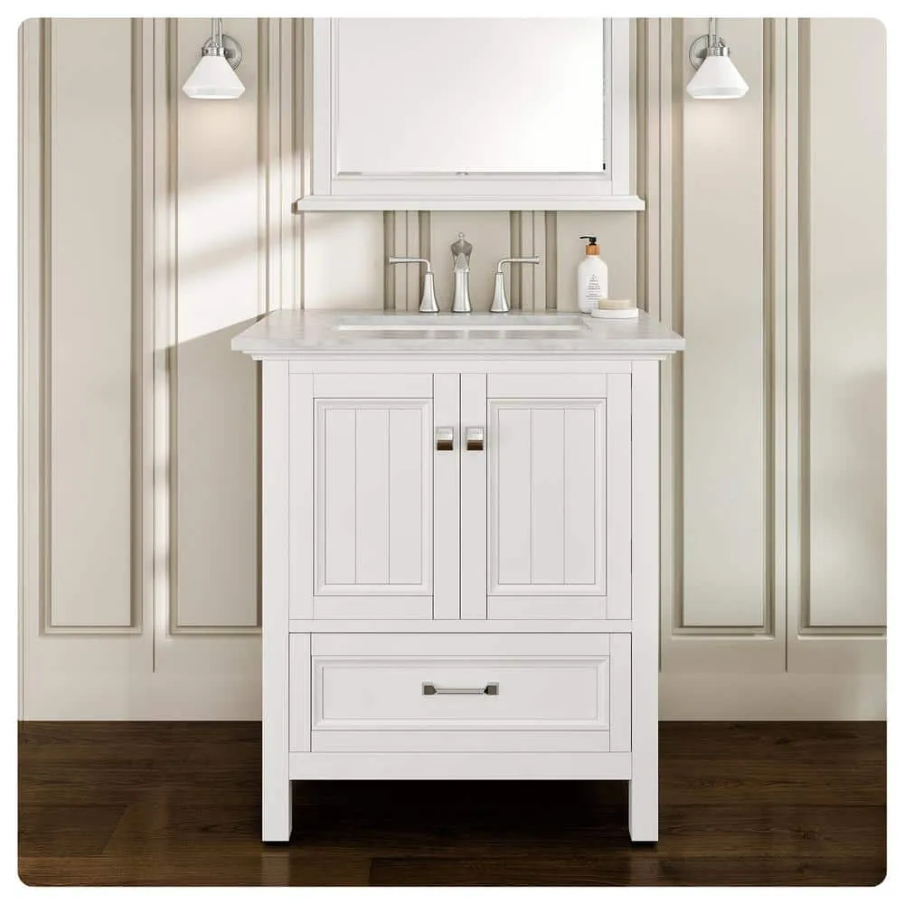 Eviva Britney 30 in. W x 22 in. D x 34 in. H Single Freestanding Bathroom Vanity in White with White Carrara Marble Top, photo 2 of 3
