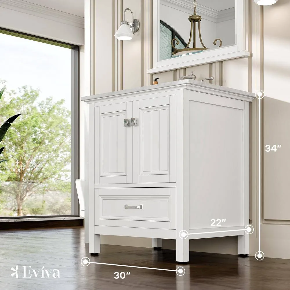 Eviva Britney 30 in. W x 22 in. D x 34 in. H Single Freestanding Bathroom Vanity in White with White Carrara Marble Top, photo 3 of 3
