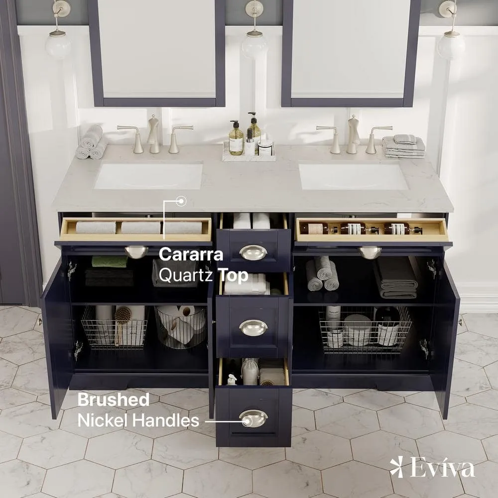 Eviva Epic 60 in. W x 22 in. D x 34 in. H Double Bathroom Vanity in Charcoal Gray with White Carrara Quartz Top and White Undermount Sinks, photo 6 of 8