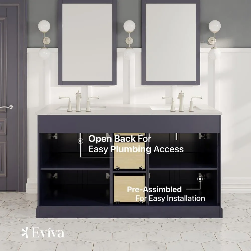 Eviva Epic 60 in. W x 22 in. D x 34 in. H Double Bathroom Vanity in Charcoal Gray with White Carrara Quartz Top and White Undermount Sinks, photo 3 of 8