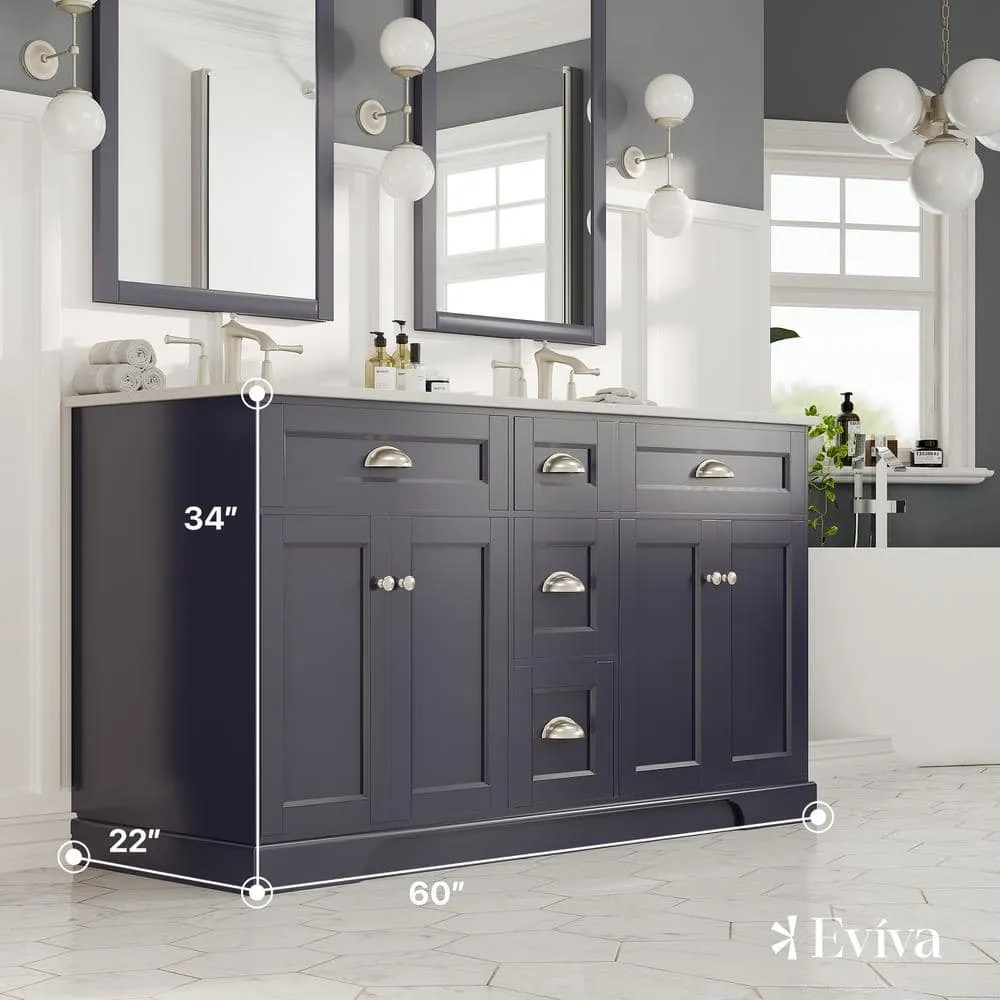 Eviva Epic 60 in. W x 22 in. D x 34 in. H Double Bathroom Vanity in Charcoal Gray with White Carrara Quartz Top and White Undermount Sinks, photo 4 of 8