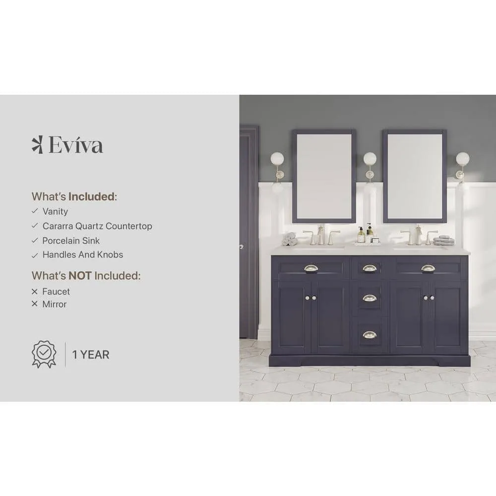 Eviva Epic 60 in. W x 22 in. D x 34 in. H Double Bathroom Vanity in Charcoal Gray with White Carrara Quartz Top and White Undermount Sinks, photo 8 of 8