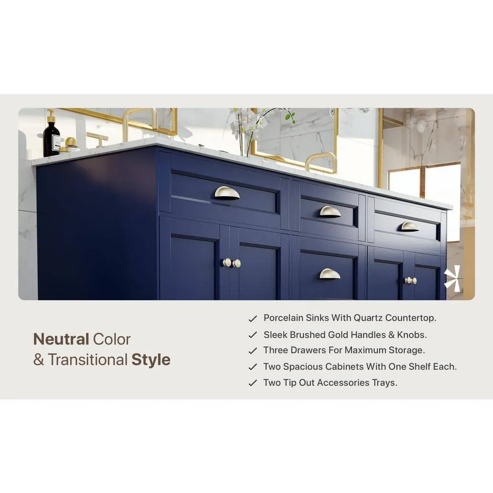 Eviva Epic 72 in. W x 22 in. D x 34 in. H Double Bathroom Vanity in Blue with White Carrara Quartz Top and White Undermount Sinks, photo 7 of 8
