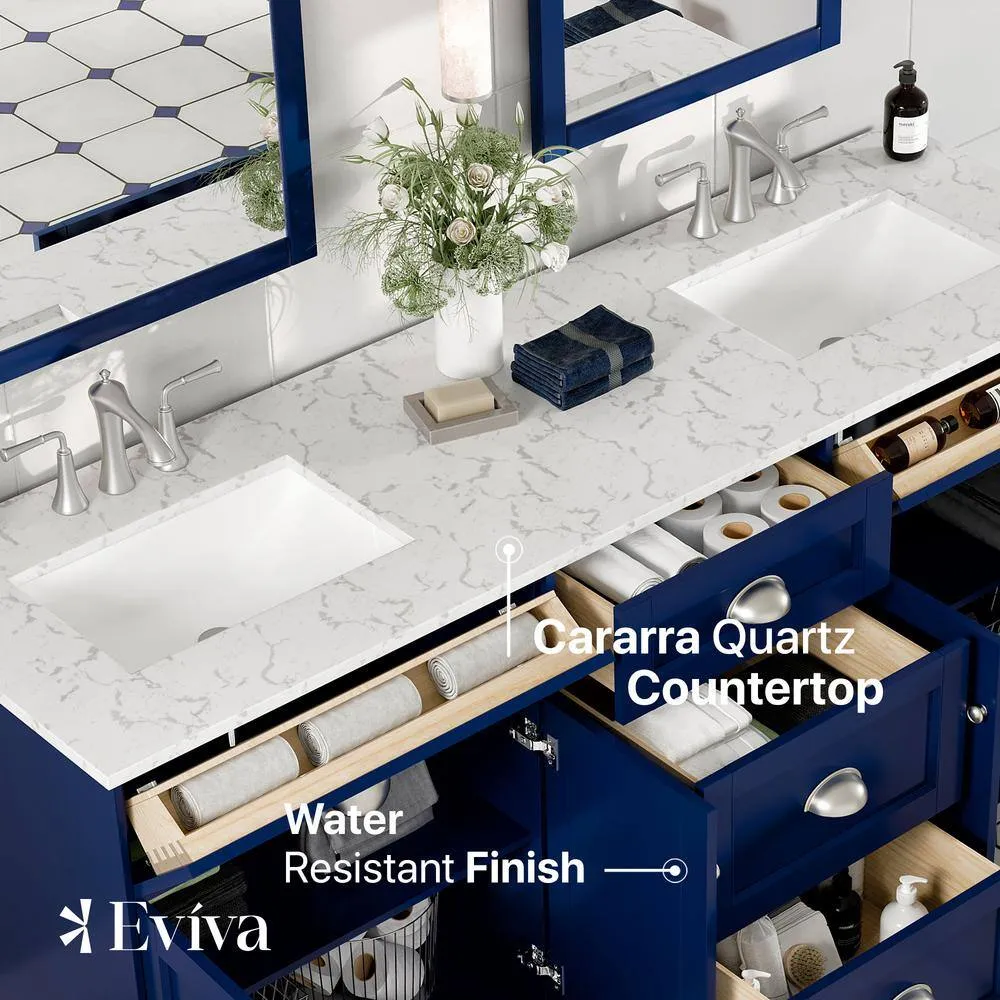 Eviva Epic 72 in. W x 22 in. D x 34 in. H Double Bathroom Vanity in Blue with White Carrara Quartz Top and White Undermount Sinks, photo 4 of 8