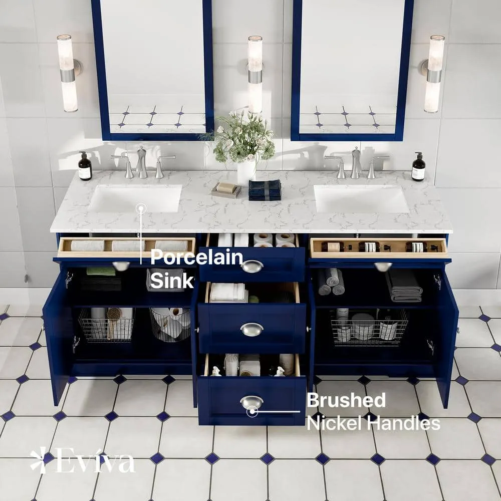 Eviva Epic 72 in. W x 22 in. D x 34 in. H Double Bathroom Vanity in Blue with White Carrara Quartz Top and White Undermount Sinks, photo 3 of 8