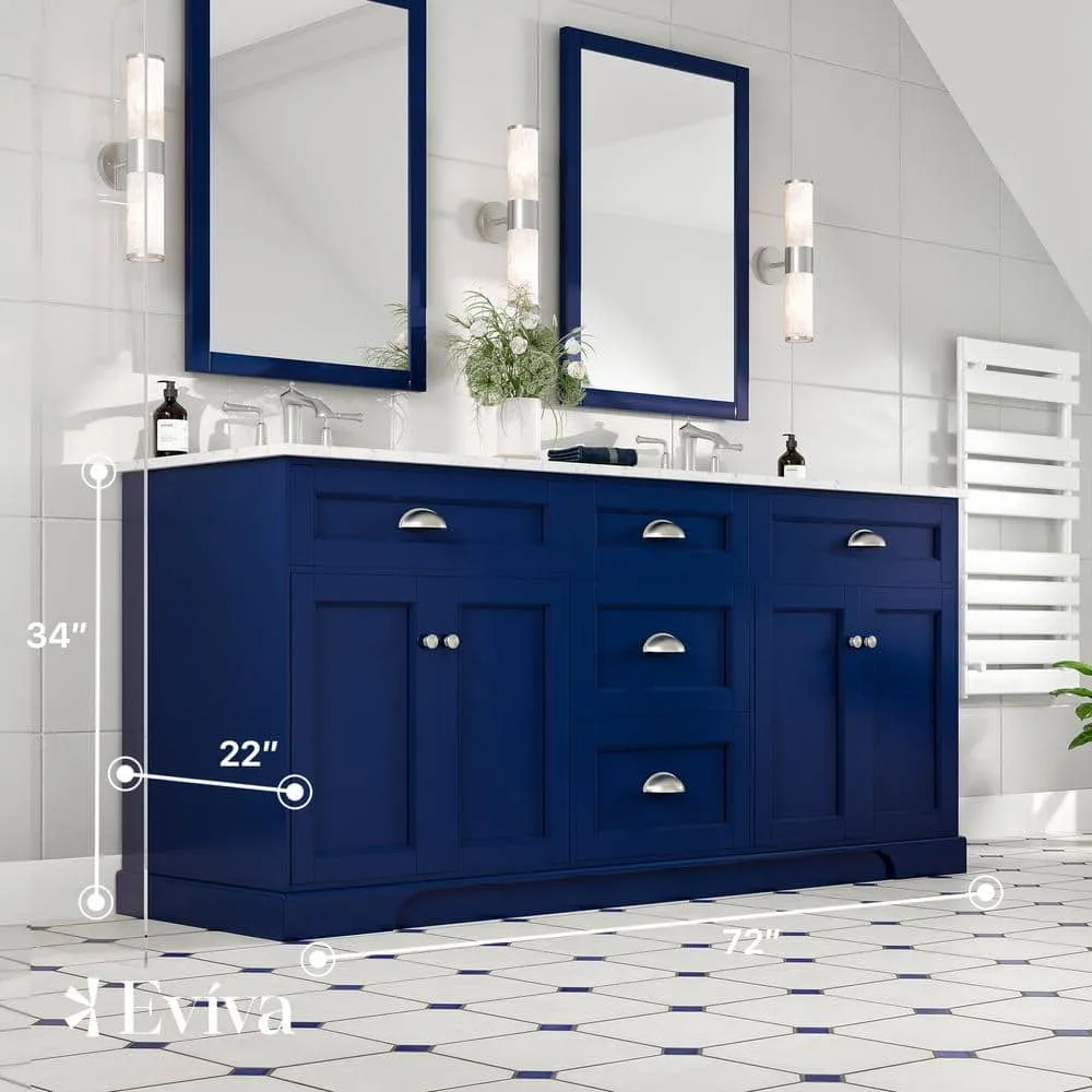 Eviva Epic 72 in. W x 22 in. D x 34 in. H Double Bathroom Vanity in Blue with White Carrara Quartz Top and White Undermount Sinks, photo 5 of 8