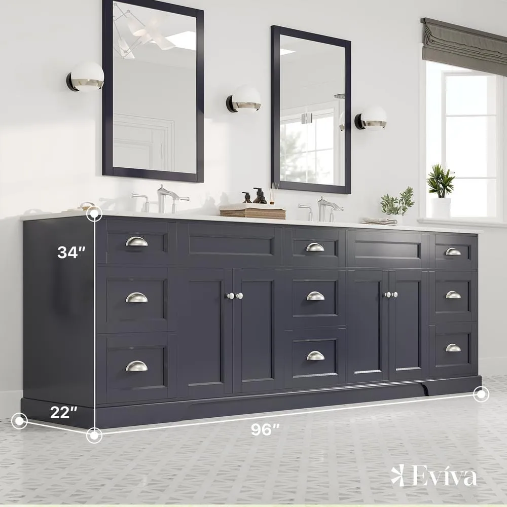 Eviva Epic 96 in. W x 22 in. D x 34 in. H Double Bathroom Vanity in Charcoal Gray with White Quartz Top and White Undermount Sinks, photo 4 of 8