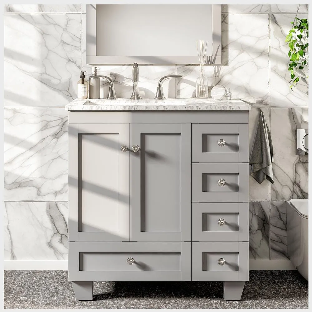 Eviva Acclaim 28 in. W x 22 in. D x 34 in. H Bath Single Vanity in Gray with White Carrara Marble Top with White Sink, photo 2 of 3