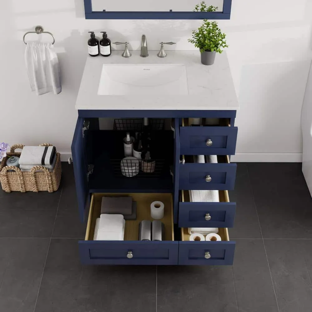 Eviva Acclaim 30 in. W x 22 in. D x 34 in. H Single Sink Freestanding Bath Vanity in Blue with White Carrara Quartz Top, photo 3 of 3