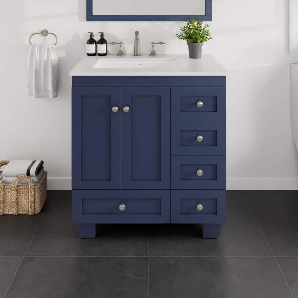 Eviva Acclaim 30 in. W x 22 in. D x 34 in. H Single Sink Freestanding Bath Vanity in Blue with White Carrara Quartz Top, photo 2 of 3