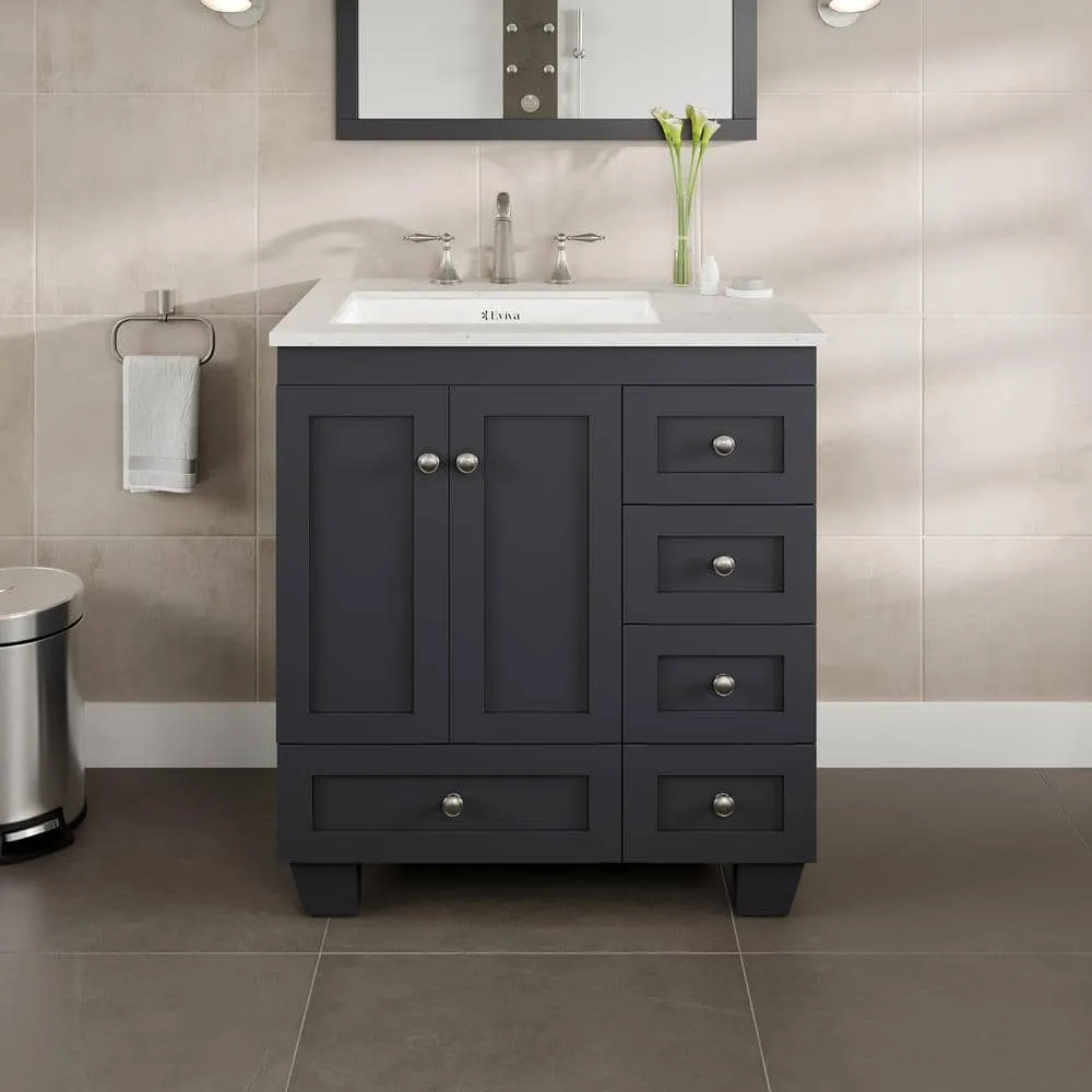 Eviva Acclaim 30 in. W x 22 in. D x 34 in. H Single Sink Freestanding Bath Vanity in Dark Gray with White Carrara Quartz Top, photo 2 of 3