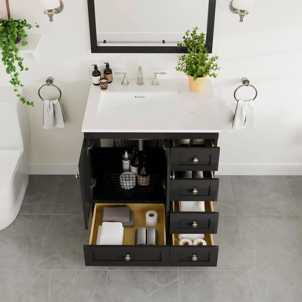 Eviva Acclaim 30 in. W x 22 in. D x 34 in. H Single Sink Freestanding Bath Vanity in Espresso with White Carrara Quartz Top, photo 3 of 3