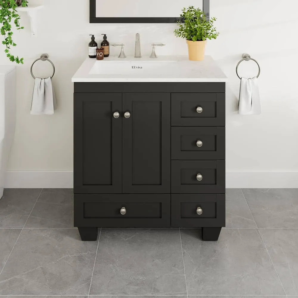 Eviva Acclaim 30 in. W x 22 in. D x 34 in. H Single Sink Freestanding Bath Vanity in Espresso with White Carrara Quartz Top, photo 2 of 3