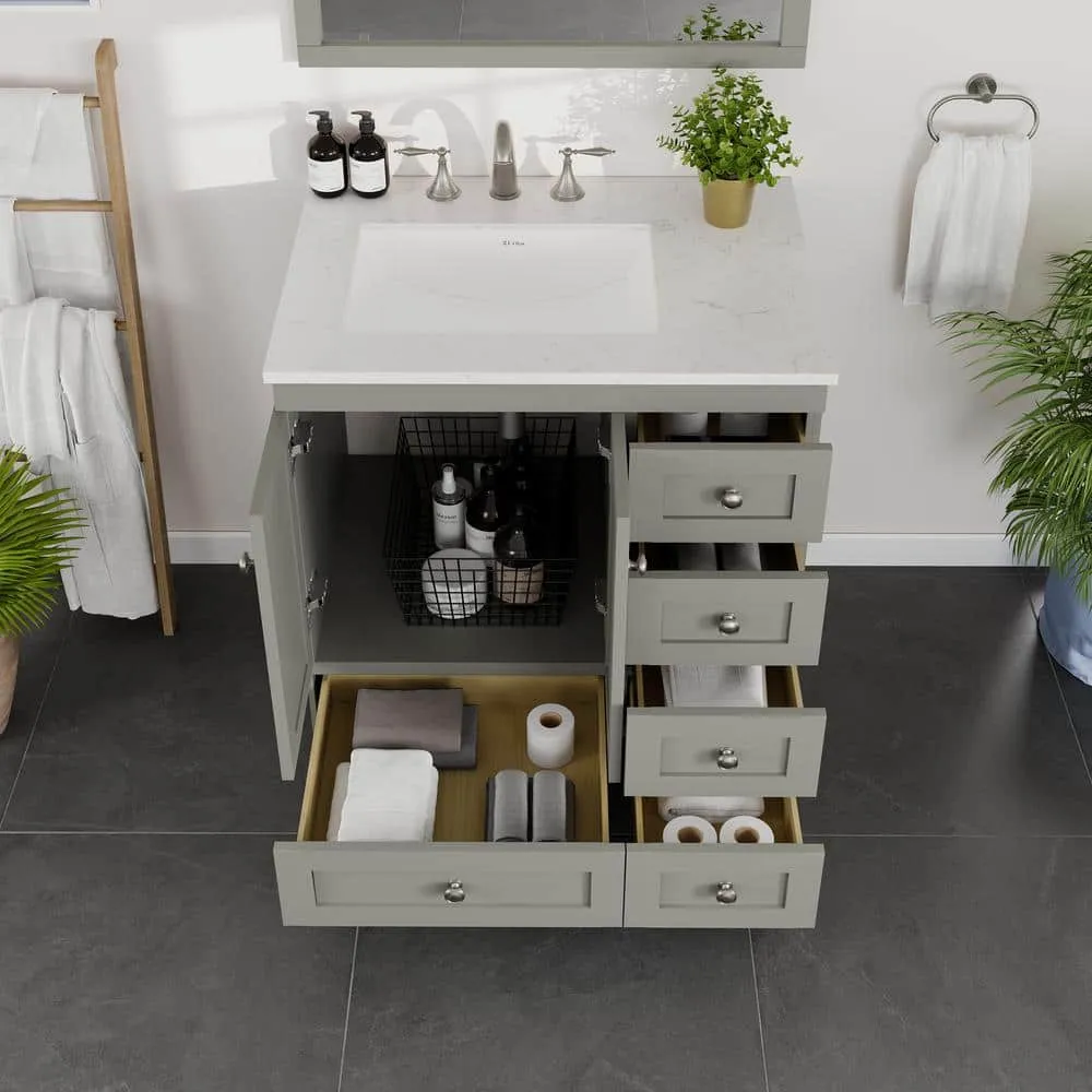 Eviva Acclaim 30 in. W x 22 in. D x 34 in. H Single Sink Transitional Bath Vanity in Gray with White Carrara Quartz Top, photo 2 of 3