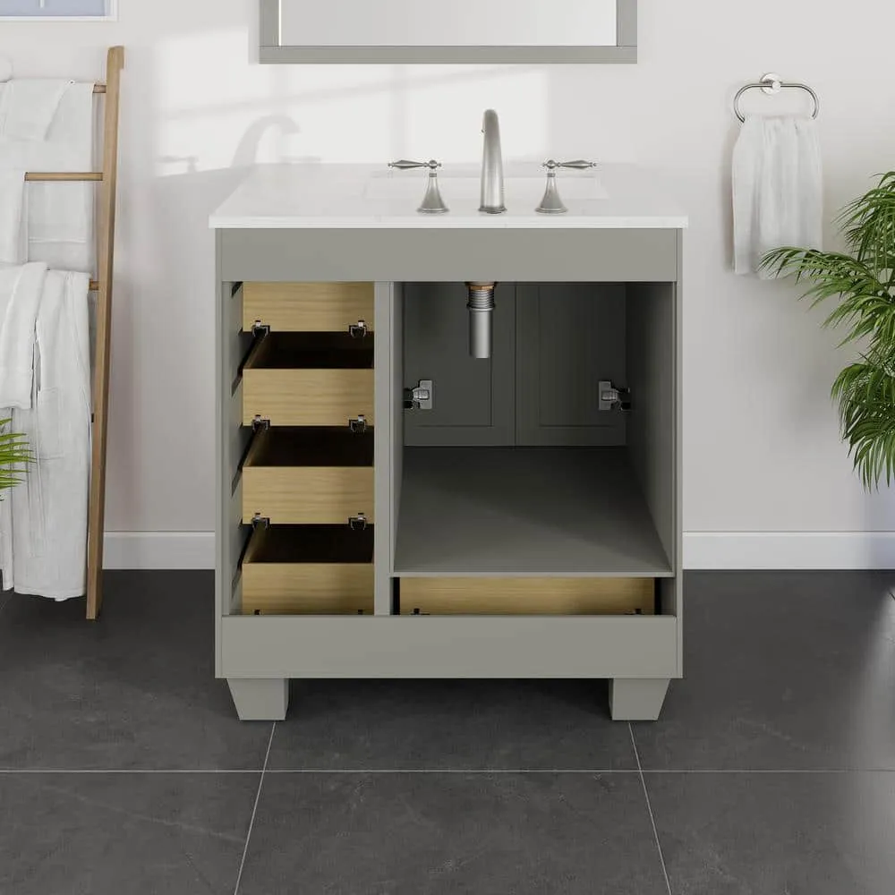 Eviva Acclaim 30 in. W x 22 in. D x 34 in. H Single Sink Transitional Bath Vanity in Gray with White Carrara Quartz Top, photo 3 of 3