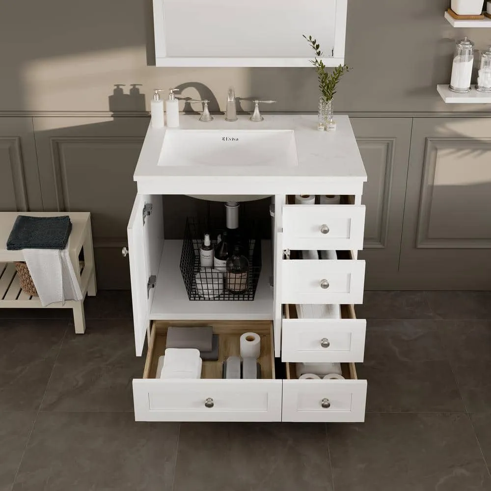 Eviva Acclaim 30 in. W x 22 in. D x 33.8 in. H Single Sink Freestanding Bath Vanity in White with White Carrara Quartz Top, photo 3 of 3