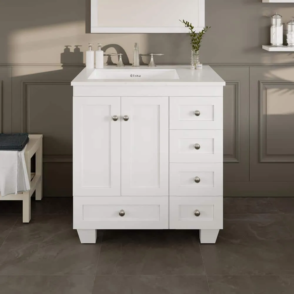 Eviva Acclaim 30 in. W x 22 in. D x 33.8 in. H Single Sink Freestanding Bath Vanity in White with White Carrara Quartz Top, photo 2 of 3