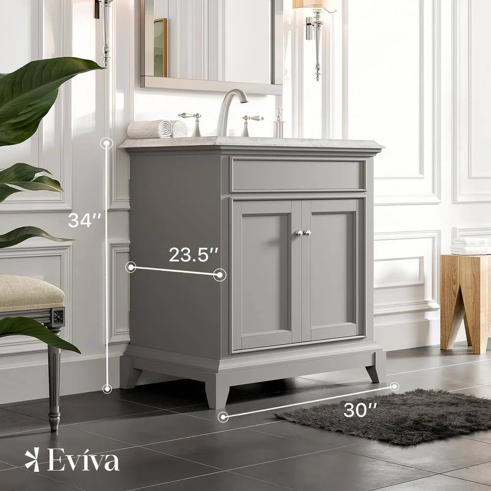 Eviva Elite Princeton 30 in. W x 23.5 in. D x 33.75 in. H Freestanding Bath Vanity in Gray with White Carrara Marble Top, photo 3 of 3