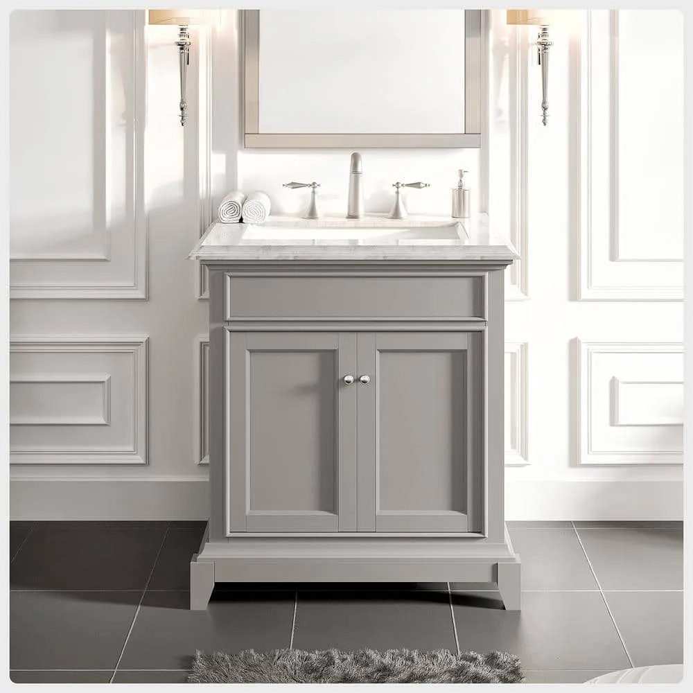 Eviva Elite Princeton 30 in. W x 23.5 in. D x 33.75 in. H Freestanding Bath Vanity in Gray with White Carrara Marble Top, photo 2 of 3