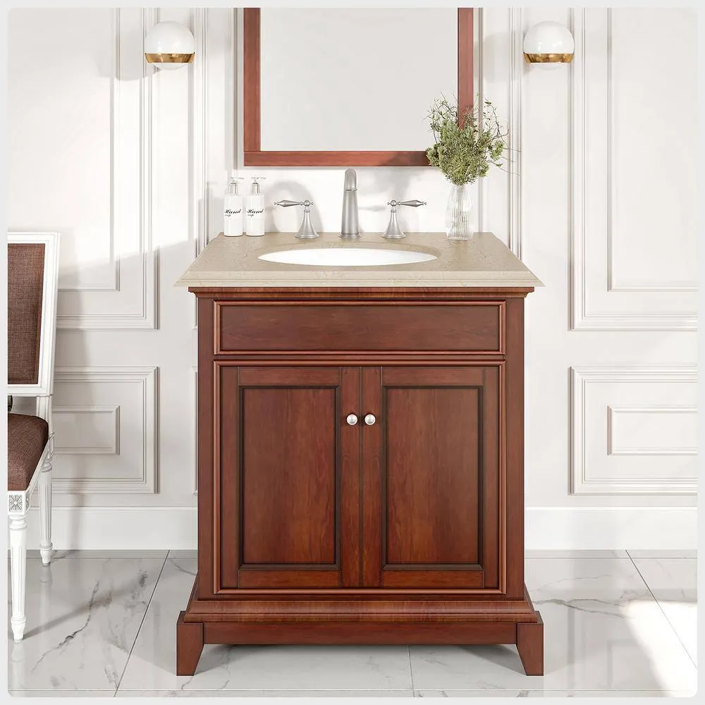 Eviva Elite Princeton 30 in. W x 23.5 in. D x 33.7 in. H Single-Sink Freestanding Bath Vanity in Teak with Cream Marble Top, photo 2 of 3