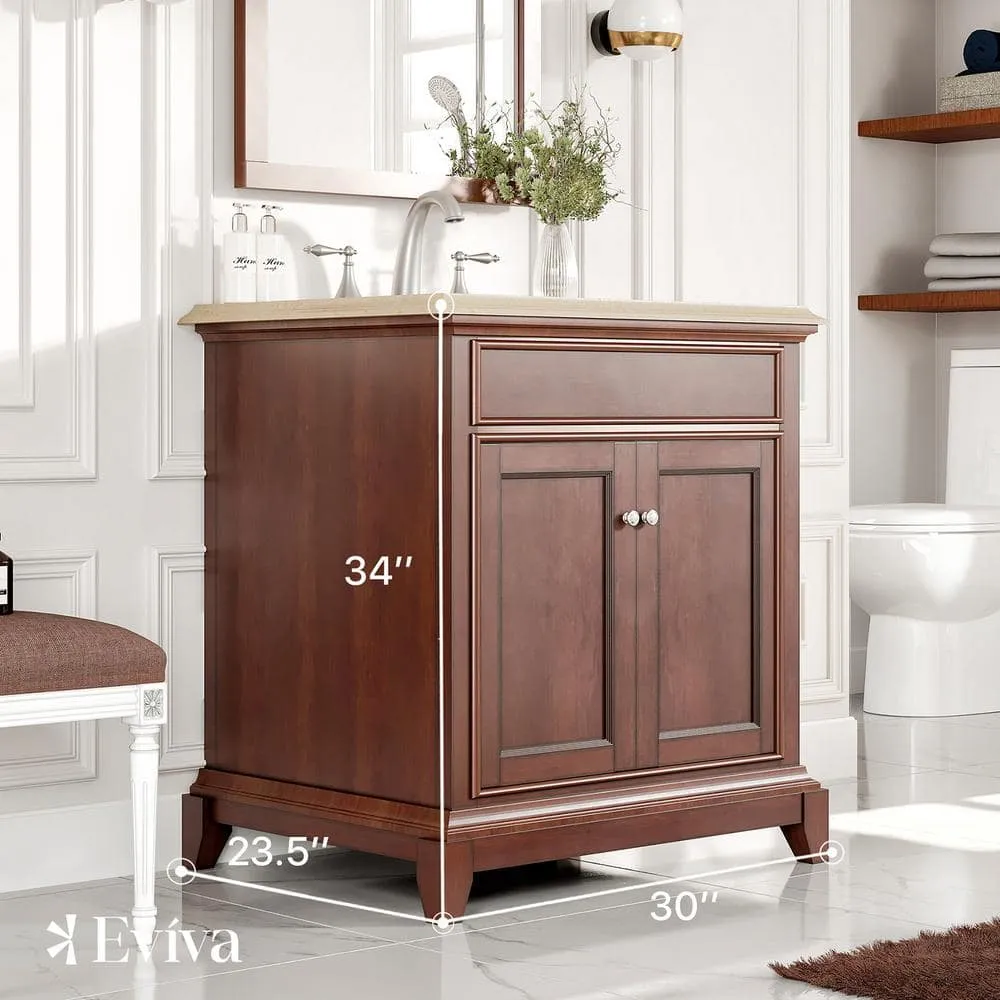 Eviva Elite Princeton 30 in. W x 23.5 in. D x 33.7 in. H Single-Sink Freestanding Bath Vanity in Teak with Cream Marble Top, photo 3 of 3