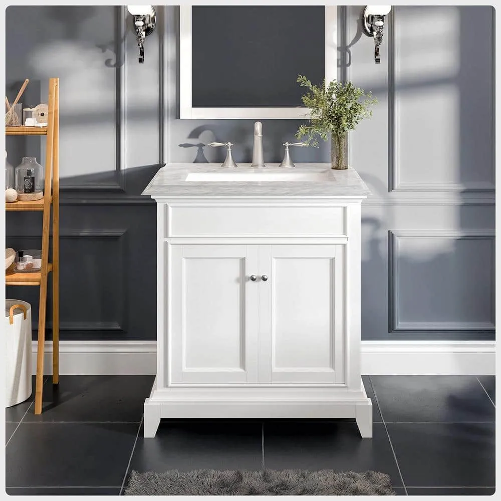 Eviva Elite Princeton 30 in. W x 23.5 in. D x 33.75 in. H Freestanding Bath Vanity in White with White Carrara Marble Top, photo 2 of 3