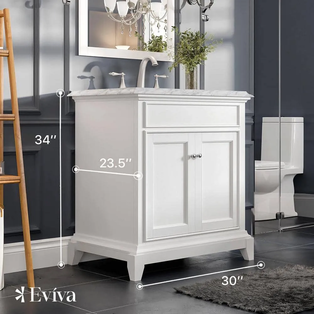 Eviva Elite Princeton 30 in. W x 23.5 in. D x 33.75 in. H Freestanding Bath Vanity in White with White Carrara Marble Top, photo 3 of 3