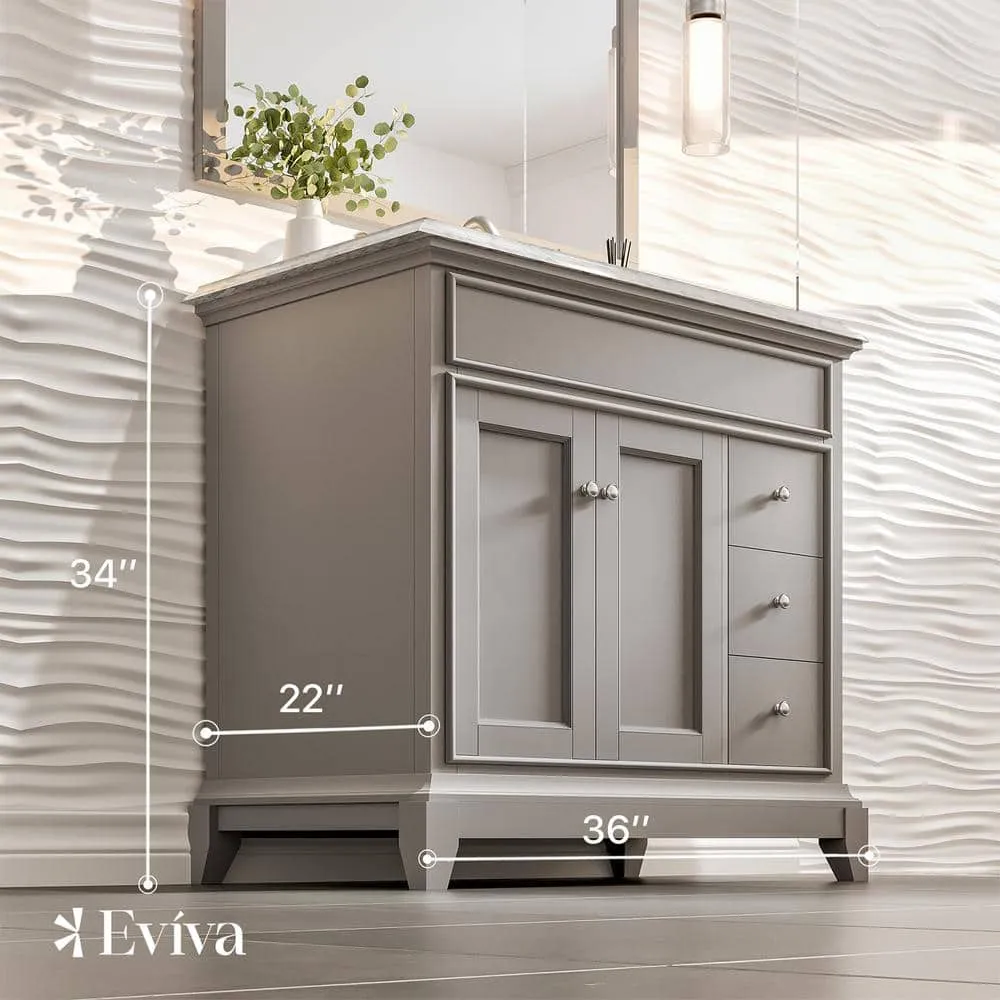 Eviva Elite Princeton 36 in. W x 24 in. D x 34 in. H Bath Vanity in Gray with White Carrera Marble Top with White Sink, photo 3 of 3