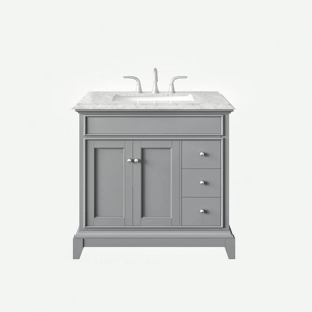 Eviva Elite Princeton 36 in. W x 24 in. D x 34 in. H Bath Vanity in Gray with White Carrera Marble Top with White Sink, photo 2 of 3