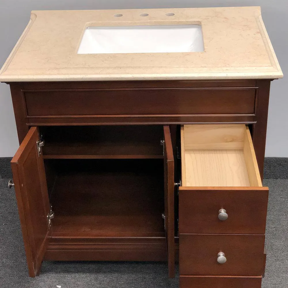 Eviva Elite Princeton 36 in. W x 23.5 in. D x 33.75 in. H Freestanding Single Bath Vanity in Teak with Crema Marfil Marble Top, photo 3 of 3