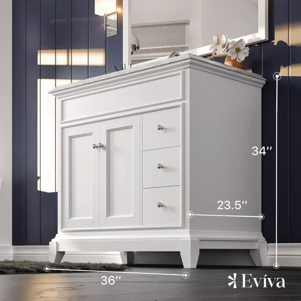 Eviva Elite Princeton 36 in. W x 24 in. D x 34 in. H Bath Vanity in White with White Carrara Marble Top with White Sink, photo 3 of 3