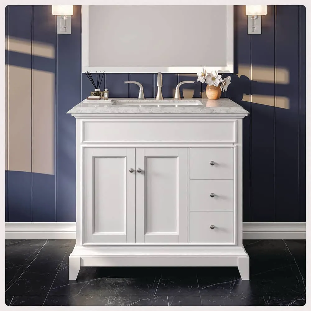 Eviva Elite Princeton 36 in. W x 24 in. D x 34 in. H Bath Vanity in White with White Carrara Marble Top with White Sink, photo 2 of 3