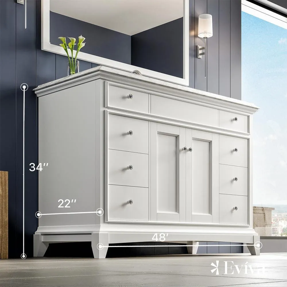 Eviva Elite Princeton 48 in. W x 24 in. D x 34 in. H Bath Vanity in White with White Carrera Marble Top with White Sink, photo 3 of 3